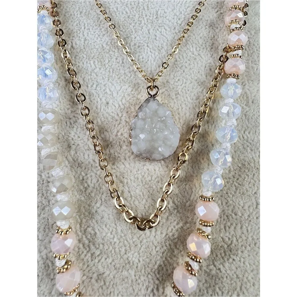 Gold-Tone Layered Necklace with Pink Beads and White Marbled Teardrop Pendant